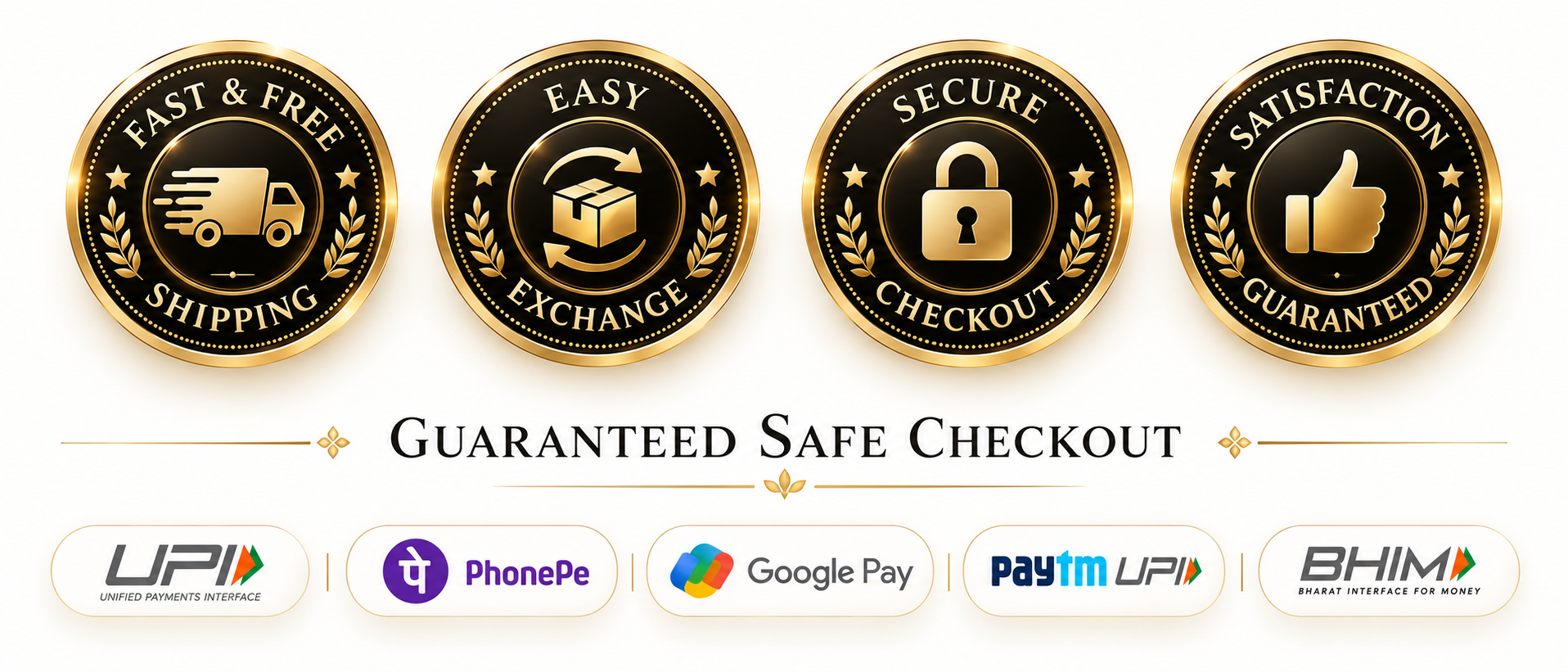 Delivery time 4 to 6 working days, fast and free shipping, easy exchange, secure checkout, satisfaction guaranteed and UPI payment options.