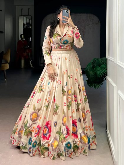 M Lovely Beige Floral Printed Tussar Silk Party Wear Crop Top Lehenga