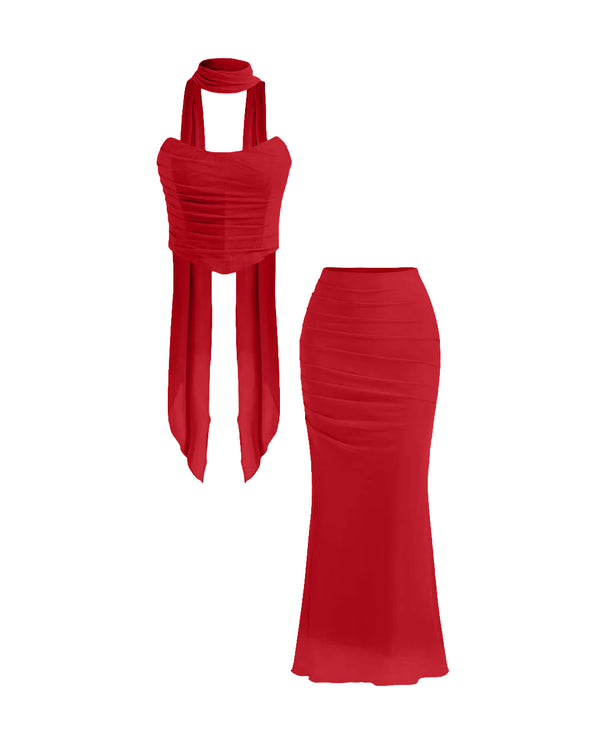 Strapless Corset Top & Stretch Mermaid Skirt In Red - Image 2