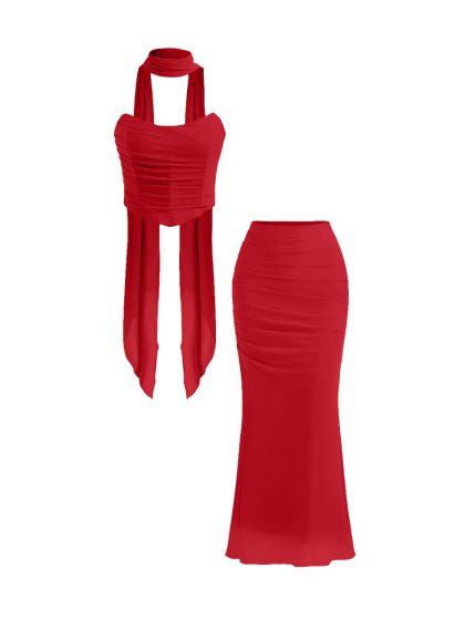 Strapless Corset Top & Stretch Mermaid Skirt In Red