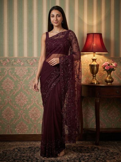 Net Wine Purple Saree with Heavy Floral Sequins Embroidery and Designer Transparent Pallu