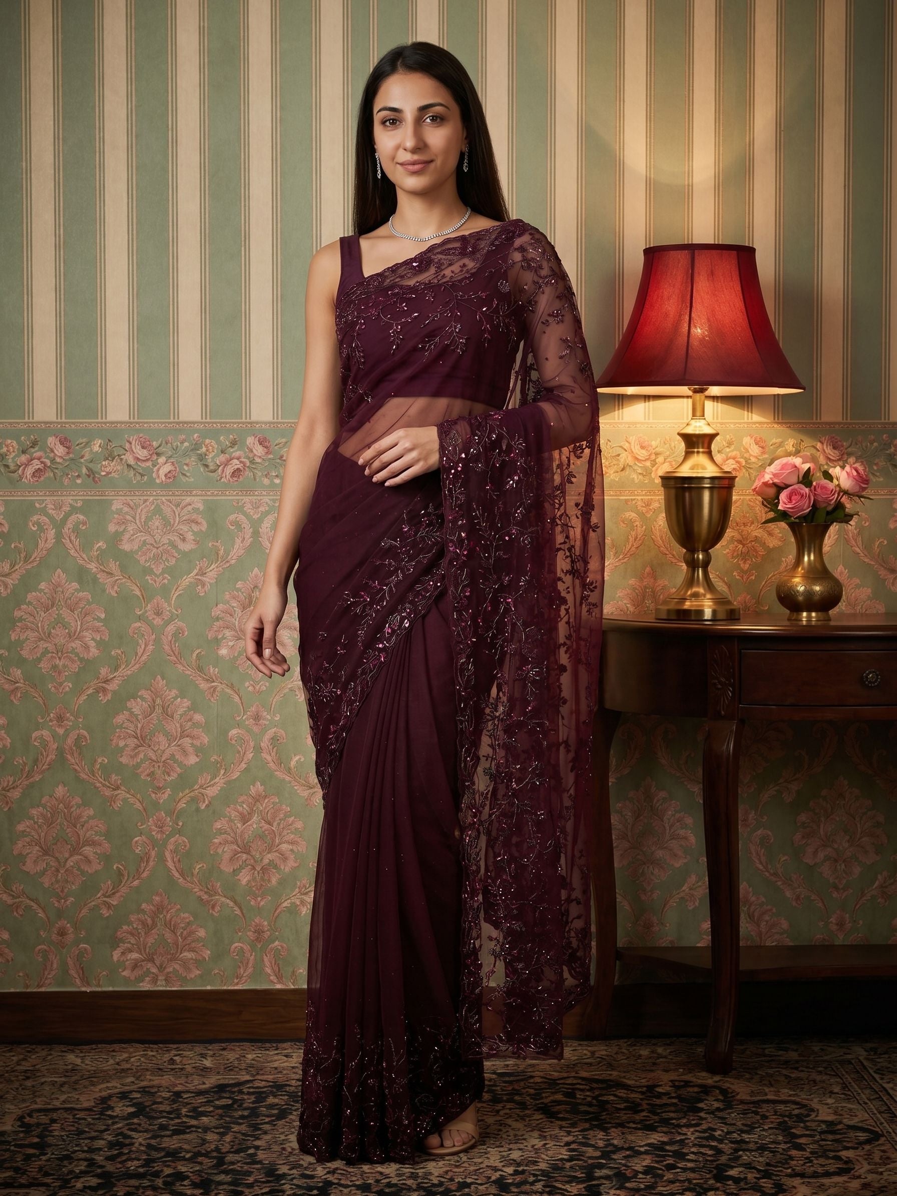 Net Wine Purple Saree with Heavy Floral Sequins Embroidery and Designer Transparent Pallu