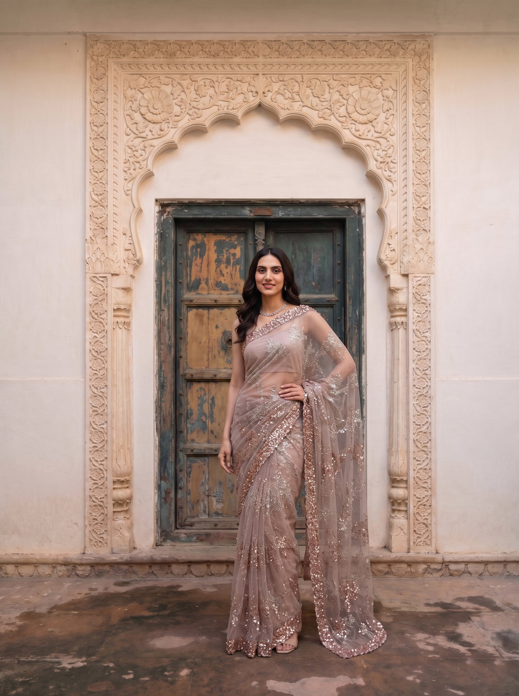 Net Blush Pink Saree with Heavy Sequins Embroidery and Designer Glitter Pattern - Image 2