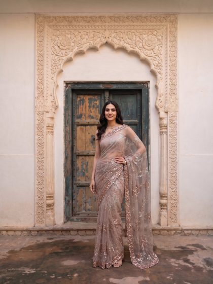 Net Blush Pink Saree with Heavy Sequins Embroidery and Designer Glitter Pattern