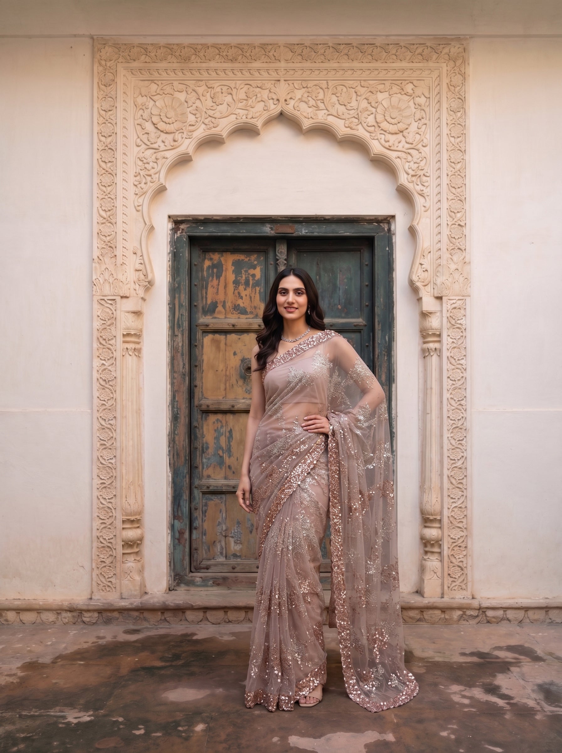 Net Blush Pink Saree with Heavy Sequins Embroidery and Designer Glitter Pattern