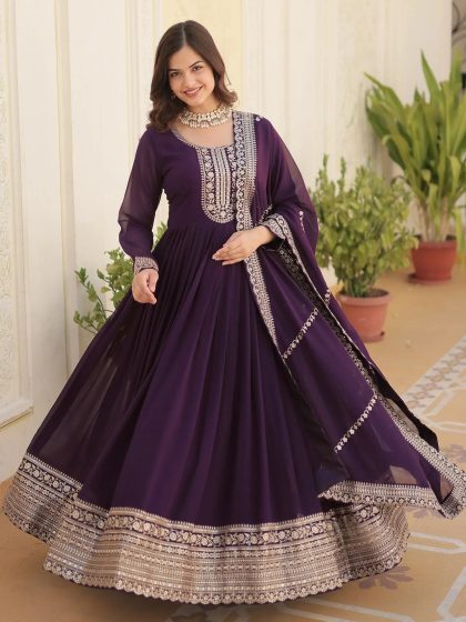 XXL Beautiful Wine Sequins Georgette Reception Wear Gown With Dupatta