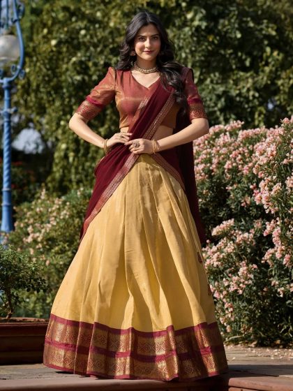 Custom Size Amazing Cream Zari Weaving Kanchipuram Silk Traditional Lehenga Choli