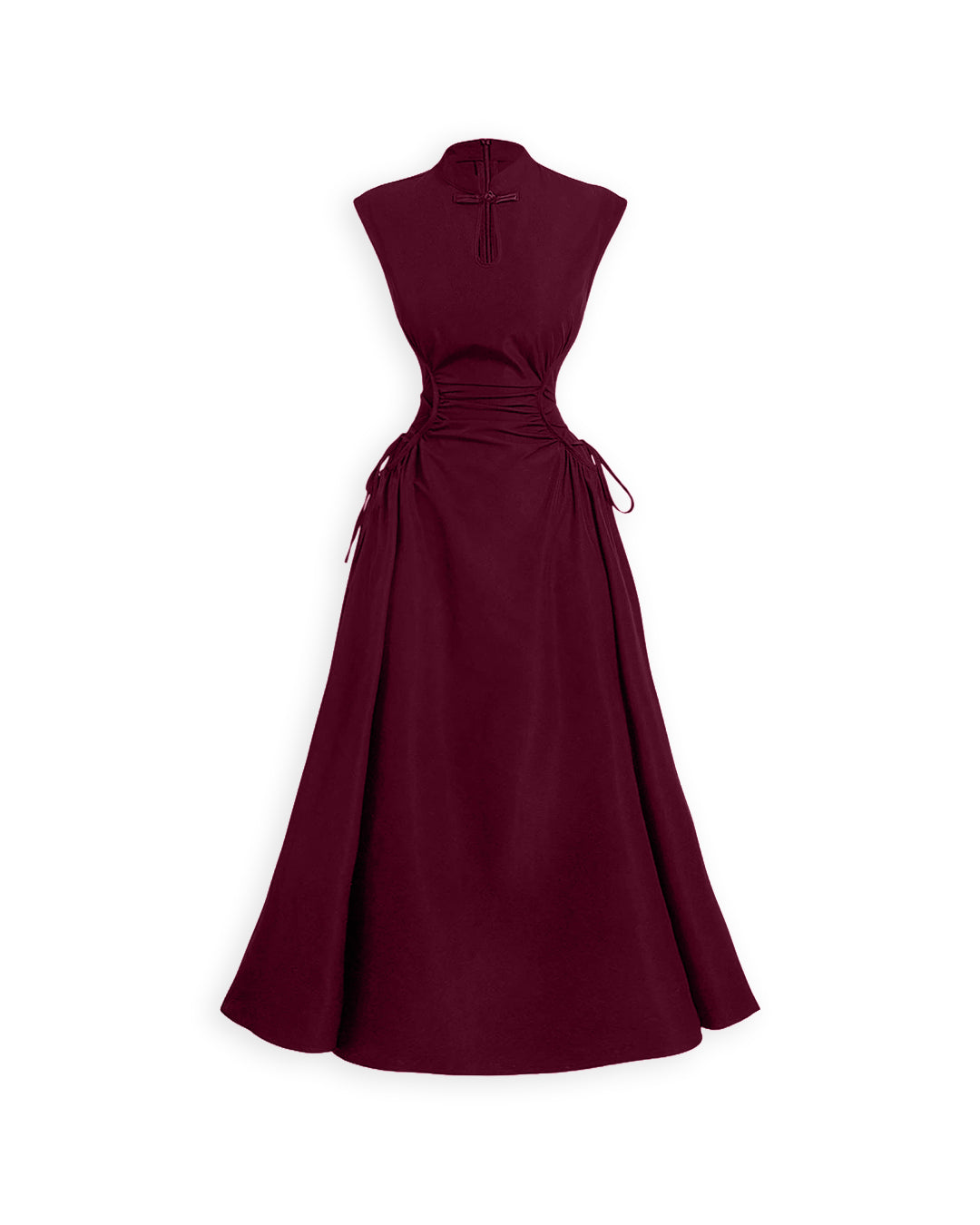 Mandarin Neck Ruched Drawstring Maxi Dress in Burgundy - Image 4