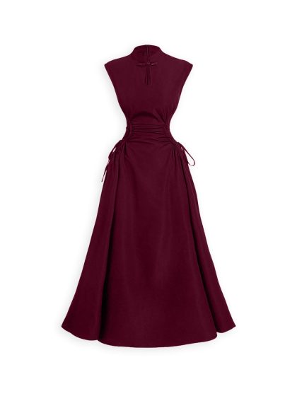 Mandarin Neck Ruched Drawstring Maxi Dress in Burgundy