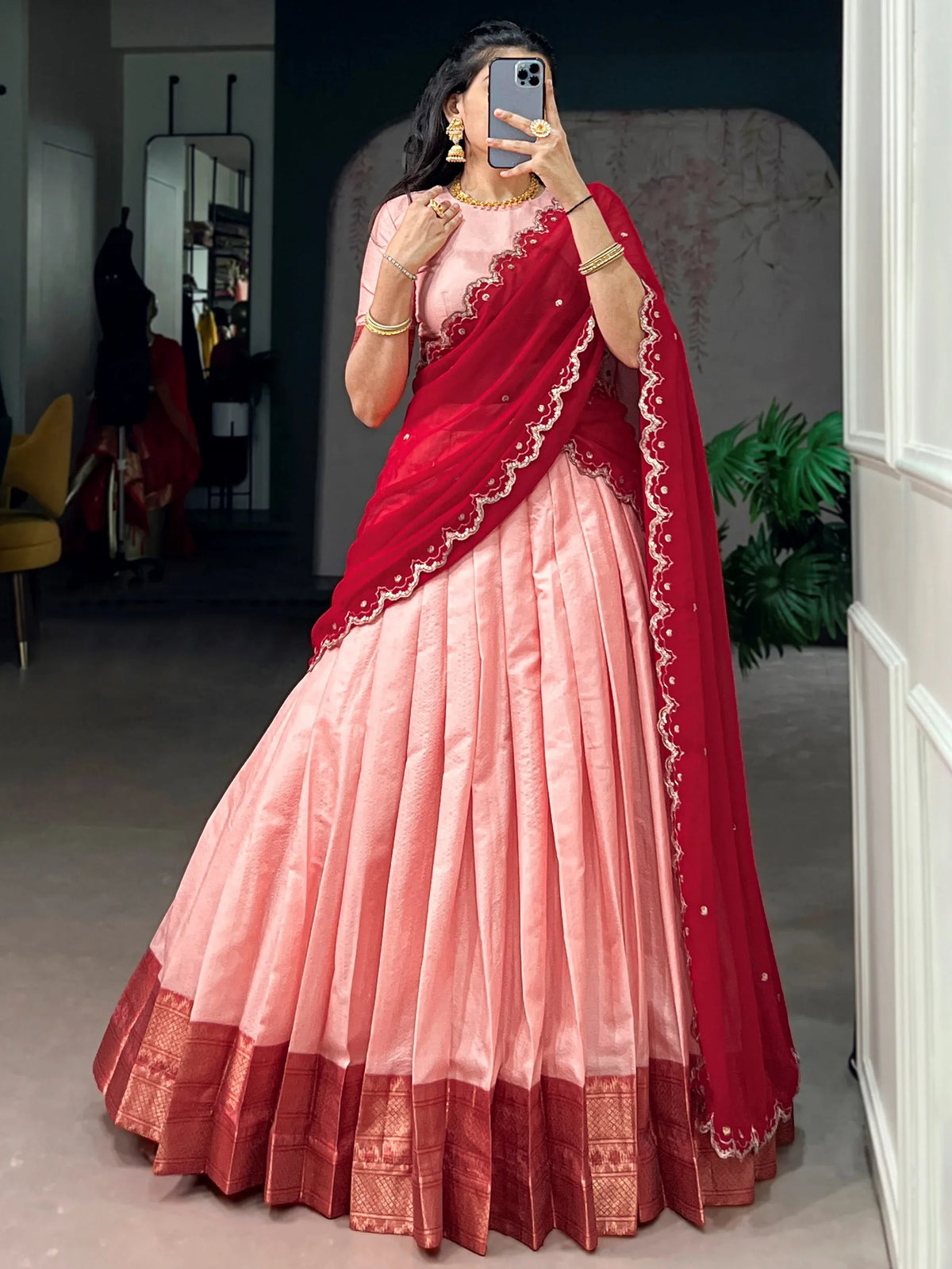 Noteworthy Peach Zari Weaving Silk Festive Wear Half Saree Lehenga - Image 2