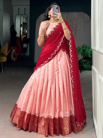 Custom Size Noteworthy Peach Zari Weaving Silk Festive Wear Half Saree Lehenga