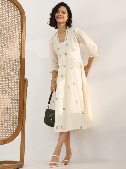 Libas Off White Printed Cotton Pleated A-Line One Piece Dress