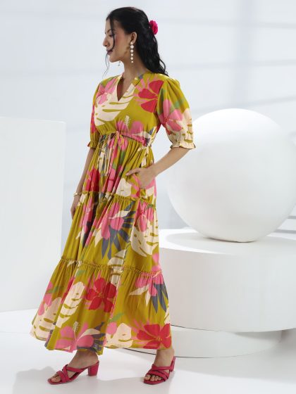 Libas Yellow Floral Printed Cotton One-Piece Tiered Dress