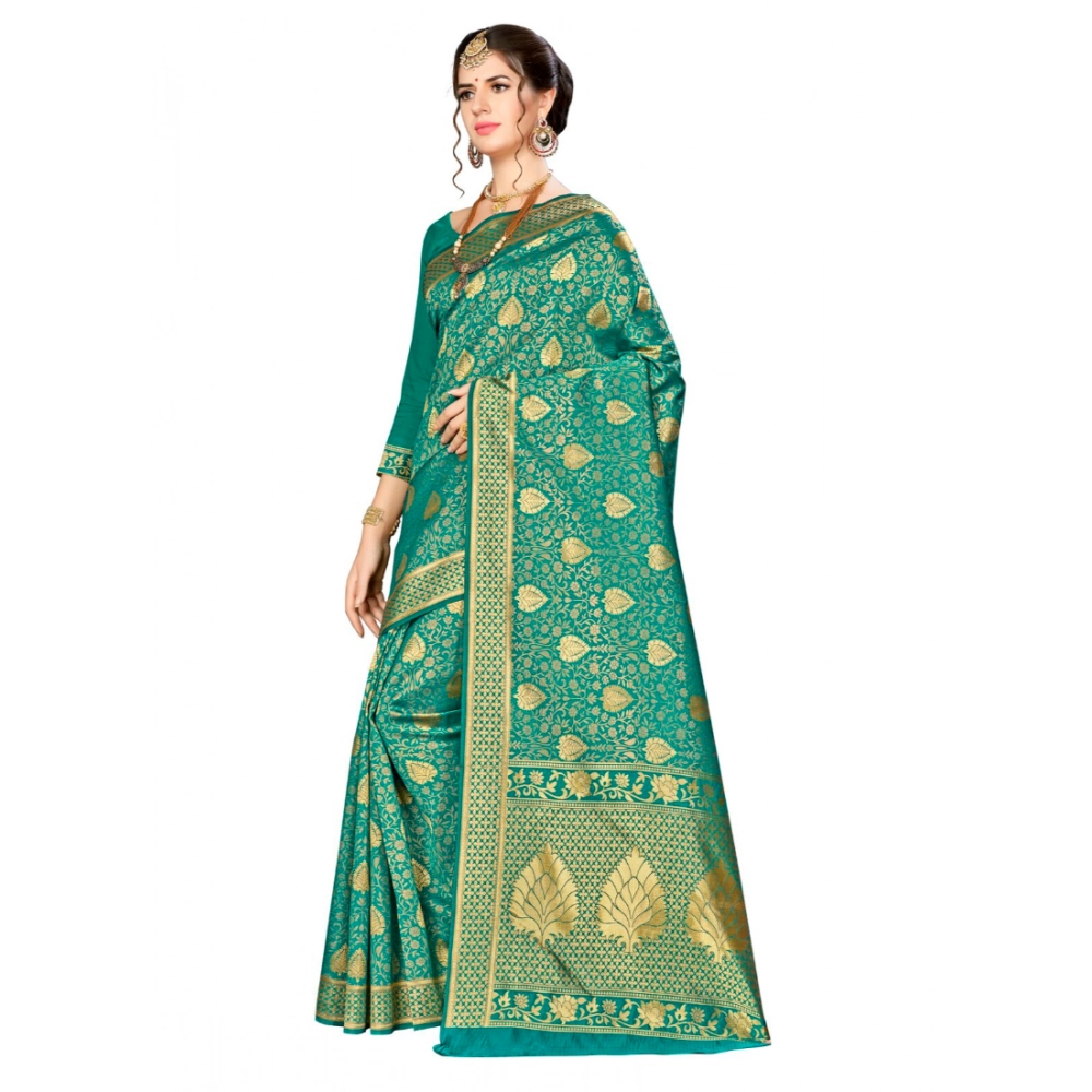 Women's Banarasi silk Saree with Blouse (Green, 5-6mtr) - Image 2