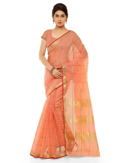 Women's Kota Doria Cotton Saree With Blouse (Peach,6-3 Mtrs)