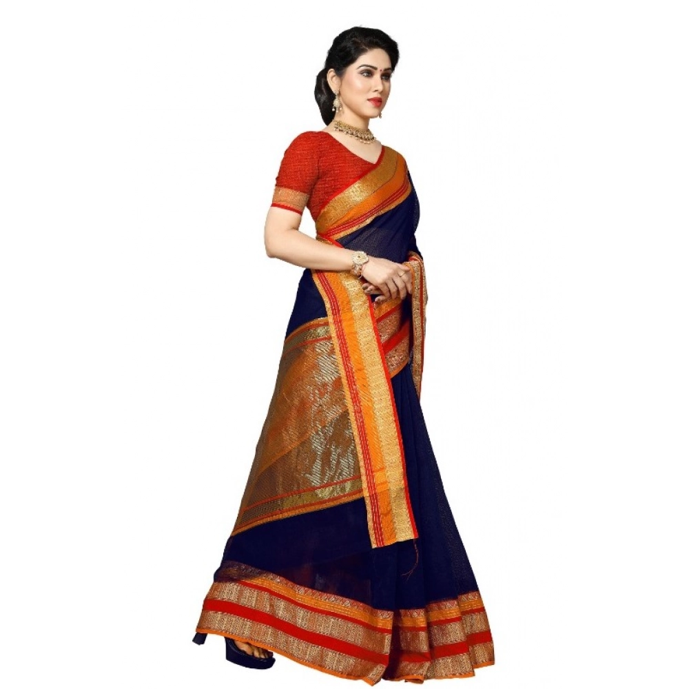 Women's Kota Doria Cotton Border Saree With Blouse (Navy Blue, 5-6 Mtrs) - Image 4