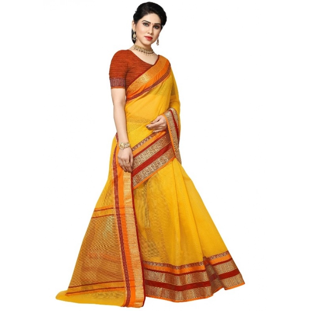Women's Kota Doria Cotton Border Saree With Blouse (Yellow, 5-6 Mtrs) - Image 2