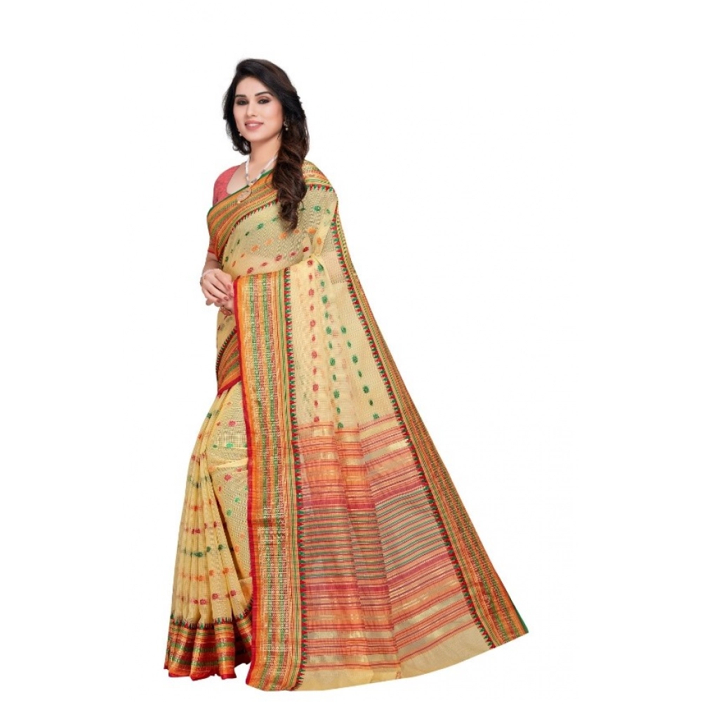 Women's Kota Doria Cotton Woven Butta Saree With Blouse (Beige, 5-6 Mtrs) - Image 4