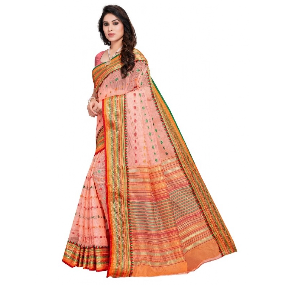 Women's Kota Doria Cotton Woven Butta Saree With Blouse (Peach, 5-6 Mtrs) - Image 4