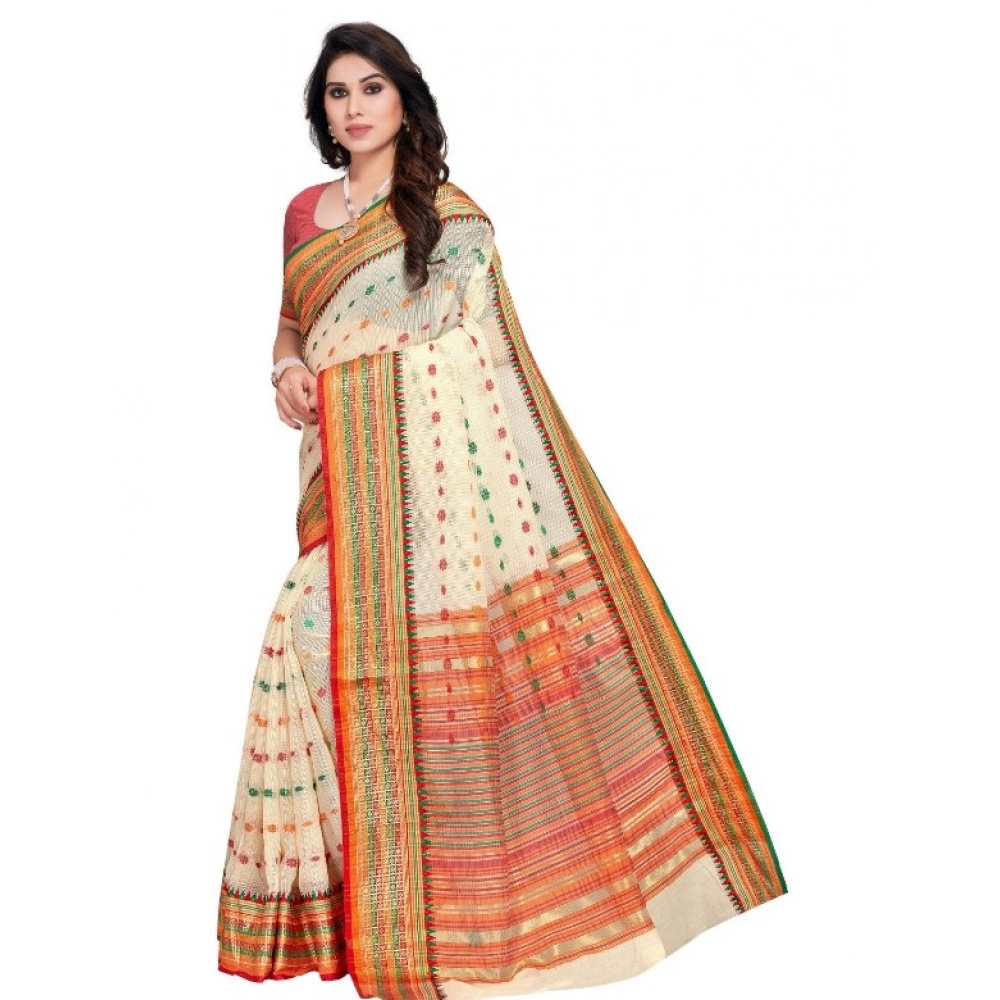 Women's Kota Doria Cotton Woven Butta Saree With Blouse (Cream, 5-6 Mtrs) - Image 4