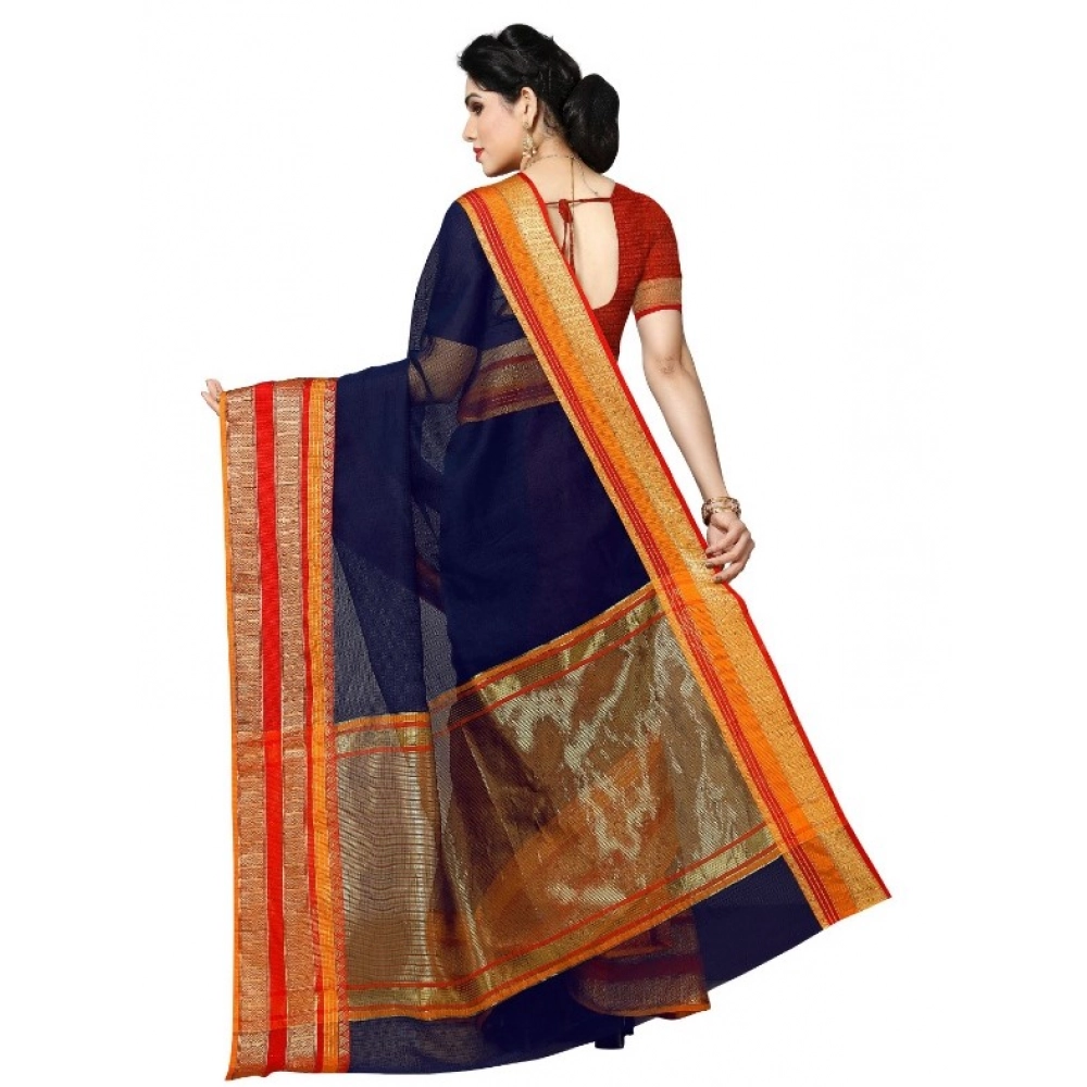 Women's Kota Doria Cotton Border Saree With Blouse (Navy Blue, 5-6 Mtrs) - Image 2