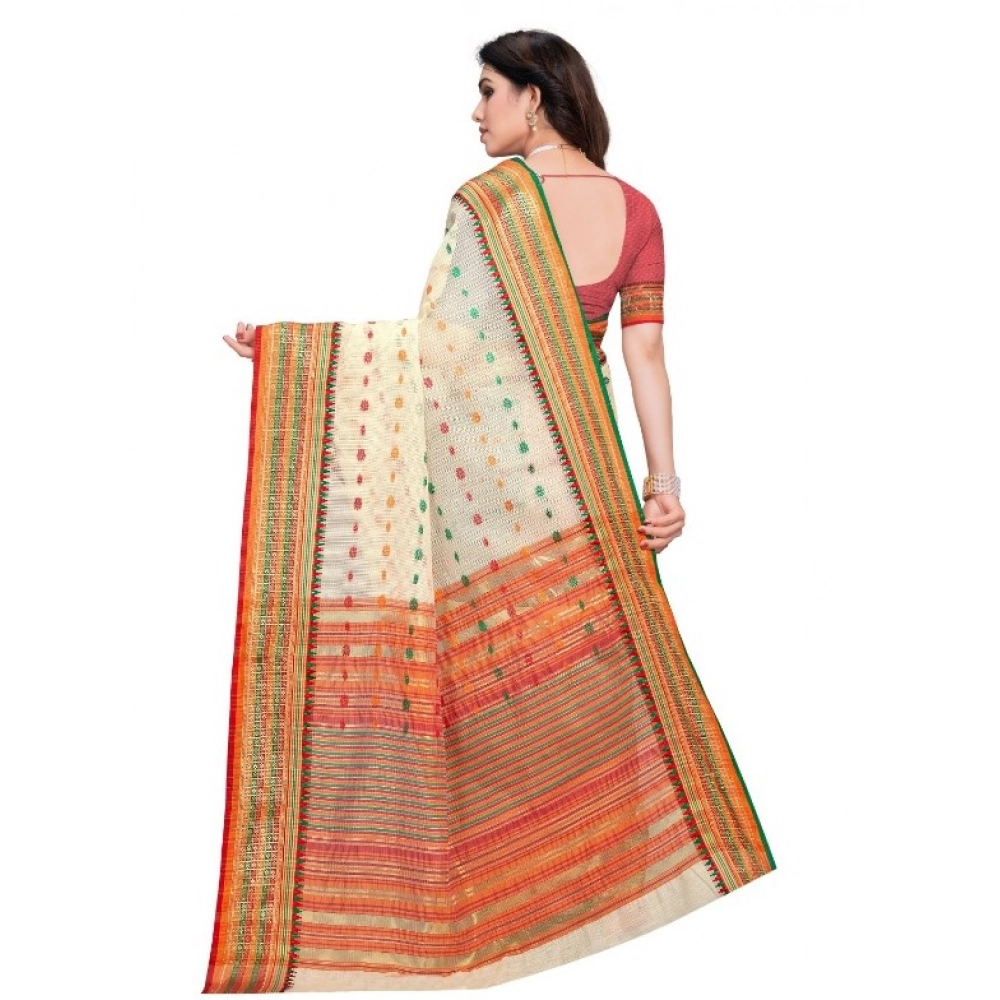 Women's Kota Doria Cotton Woven Butta Saree With Blouse (Cream, 5-6 Mtrs) - Image 3