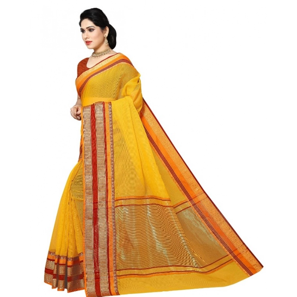 Women's Kota Doria Cotton Border Saree With Blouse (Yellow, 5-6 Mtrs) - Image 4