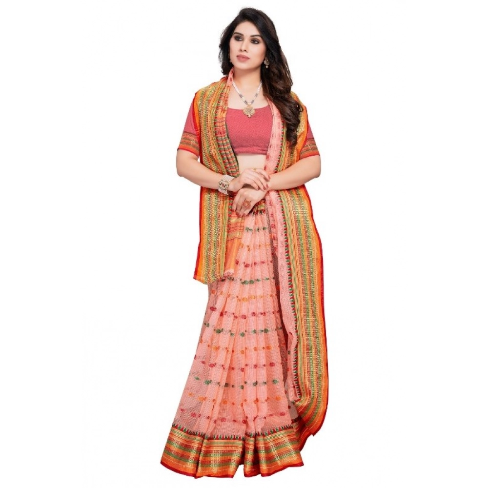 Women's Kota Doria Cotton Woven Butta Saree With Blouse (Peach, 5-6 Mtrs) - Image 2