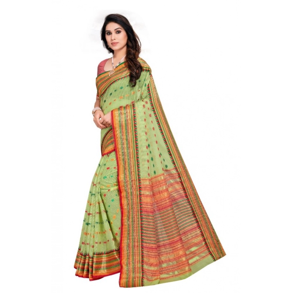Women's Kota Doria Cotton Woven Butta Saree With Blouse (Light Green, 5-6 Mtrs) - Image 4