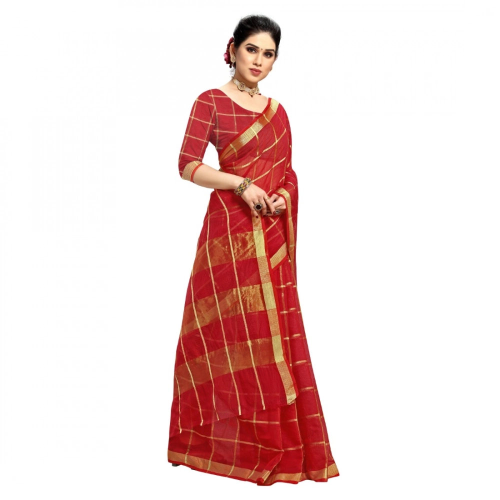 Women's Kota Doria Cotton Checked Saree With Blouse (Red, 5-6 Mtrs) - Image 2