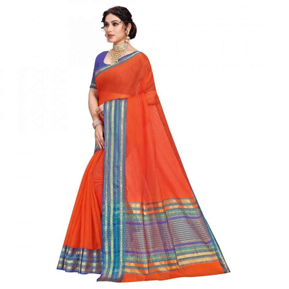 Women's Kota Doria Cotton Bordered Saree With Blouse (Fanta, 5-6 Mtrs) - Image 3