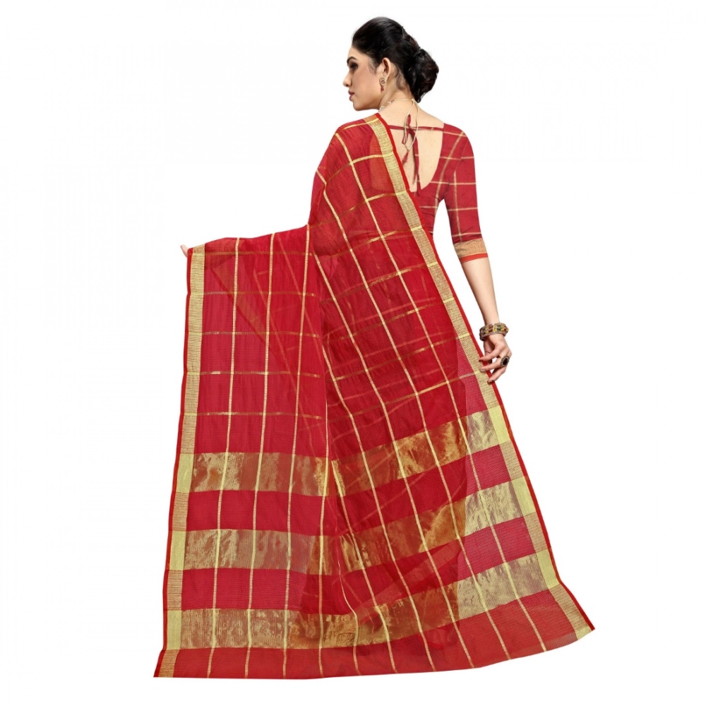 Women's Kota Doria Cotton Checked Saree With Blouse (Red, 5-6 Mtrs) - Image 4