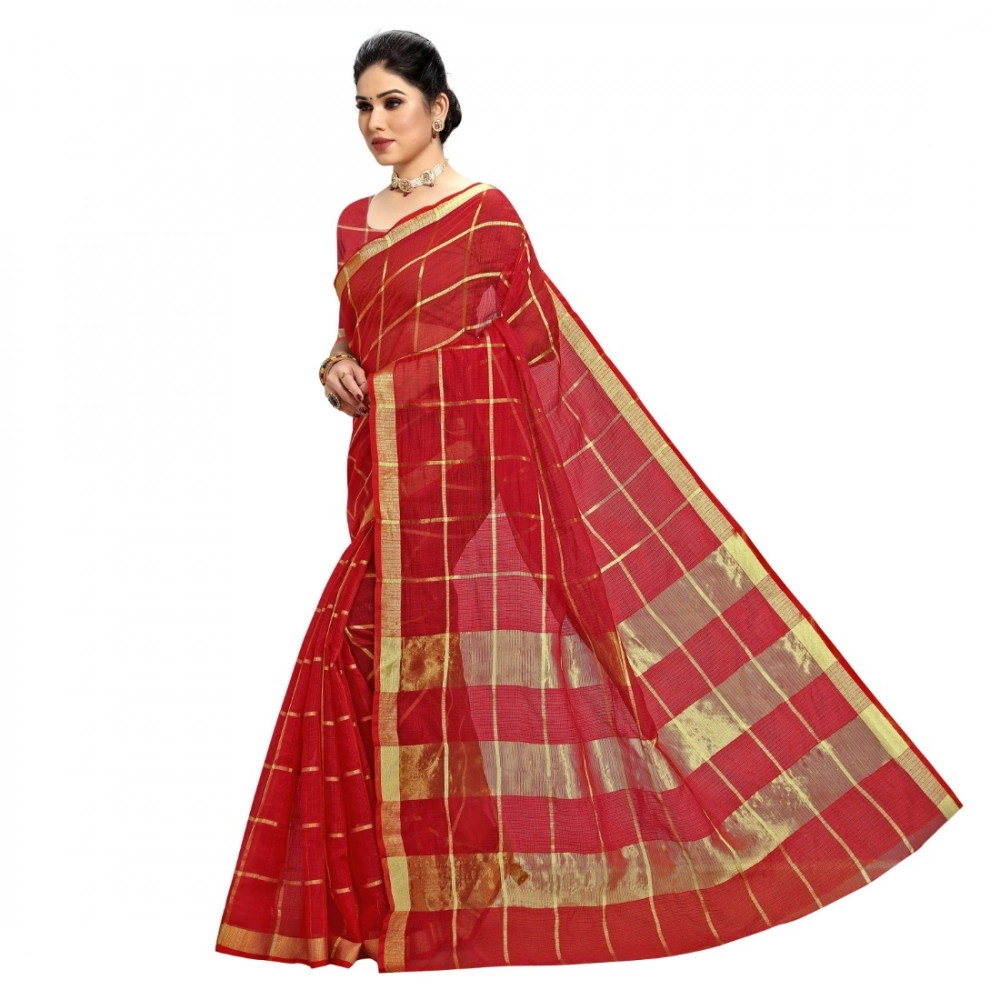 Women's Kota Doria Cotton Checked Saree With Blouse (Red, 5-6 Mtrs) - Image 3