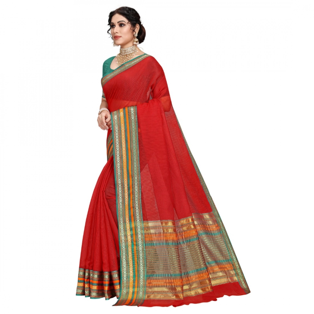 Women's Kota Doria Cotton Bordered Saree With Blouse (Red, 5-6 Mtrs) - Image 2