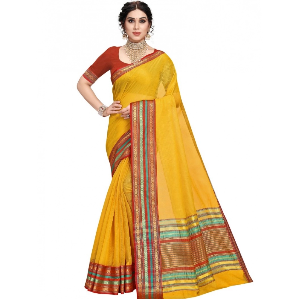 Women's Kota Doria Cotton Bordered Saree With Blouse (Yellow, 5-6 Mtrs)
