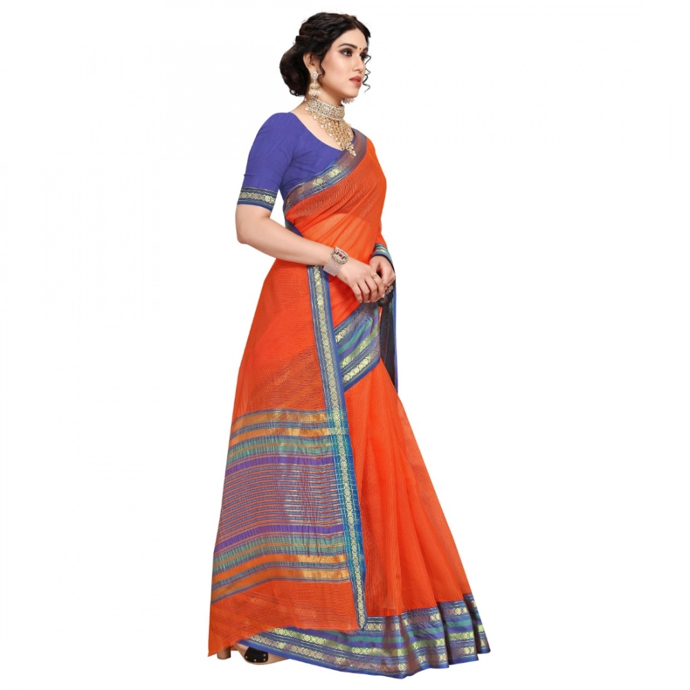 Women's Kota Doria Cotton Bordered Saree With Blouse (Fanta, 5-6 Mtrs) - Image 2