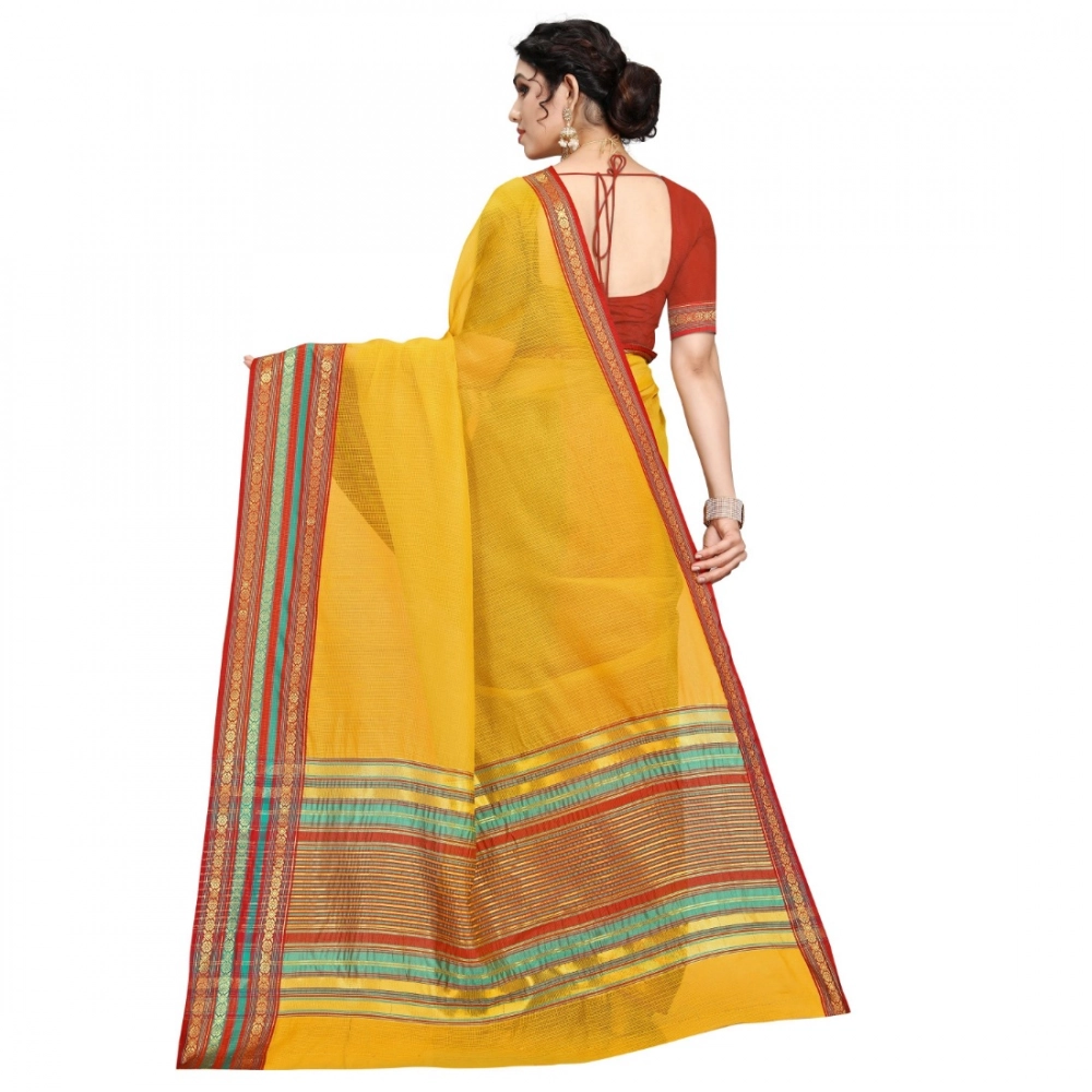Women's Kota Doria Cotton Bordered Saree With Blouse (Yellow, 5-6 Mtrs) - Image 3