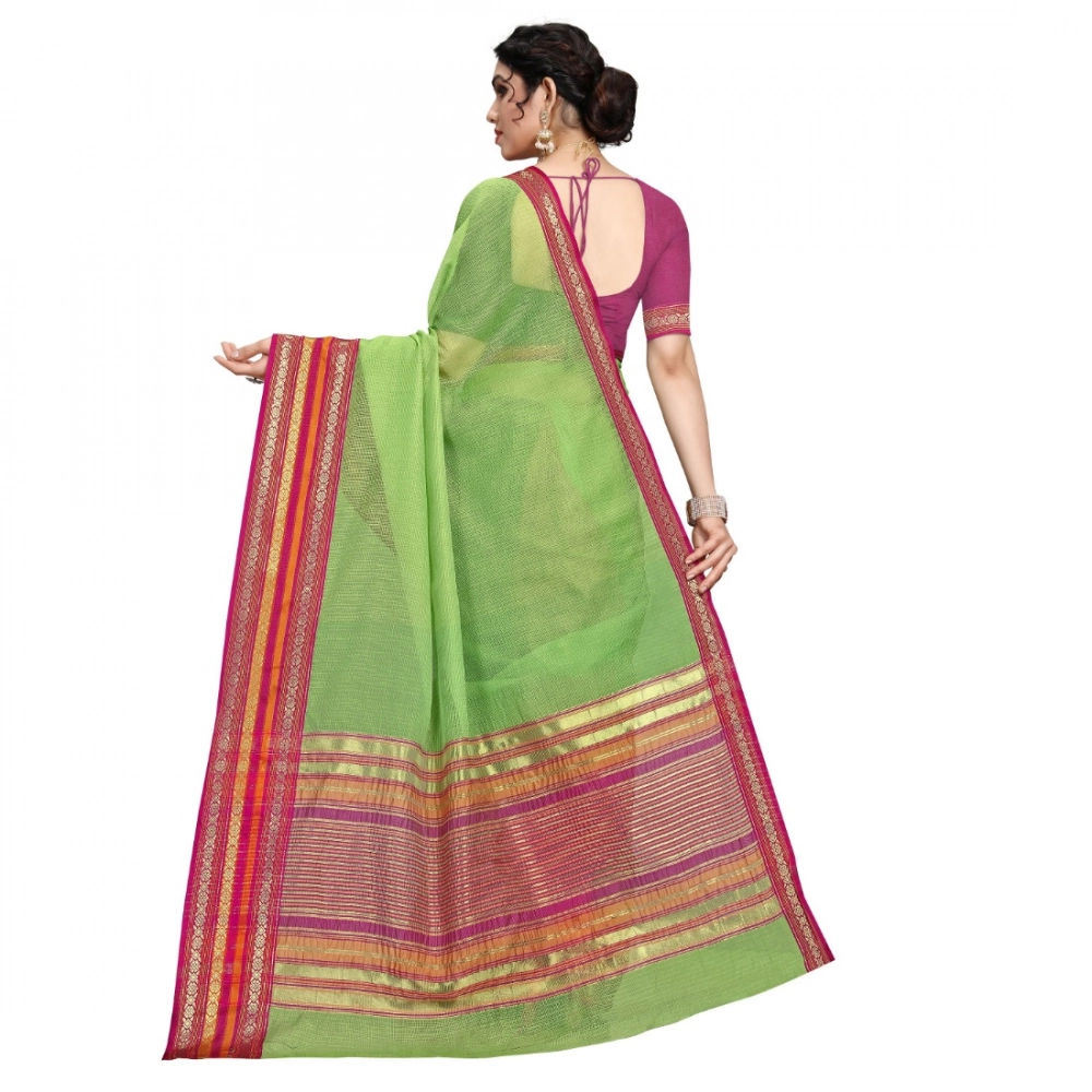 Women's Kota Doria Cotton Bordered Saree With Blouse (Light Green, 5-6 Mtrs) - Image 4