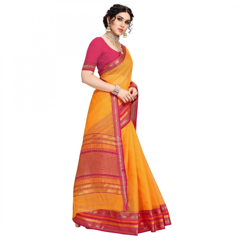 Women's Kota Doria Cotton Bordered Saree With Blouse (Gold, 5-6 Mtrs) - Image 2