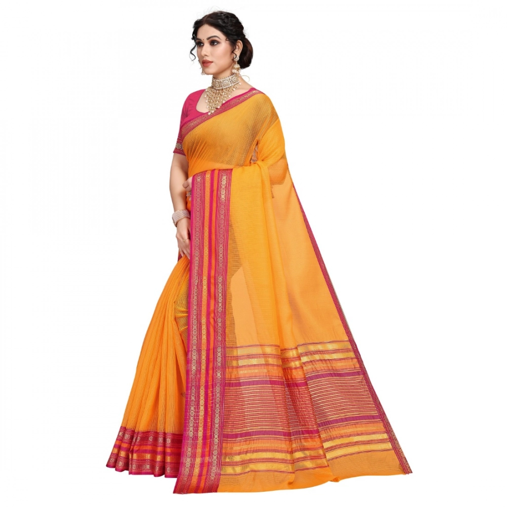 Women's Kota Doria Cotton Bordered Saree With Blouse (Gold, 5-6 Mtrs) - Image 3