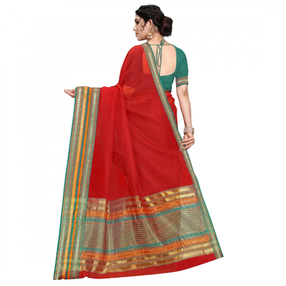 Women's Kota Doria Cotton Bordered Saree With Blouse (Red, 5-6 Mtrs) - Image 4