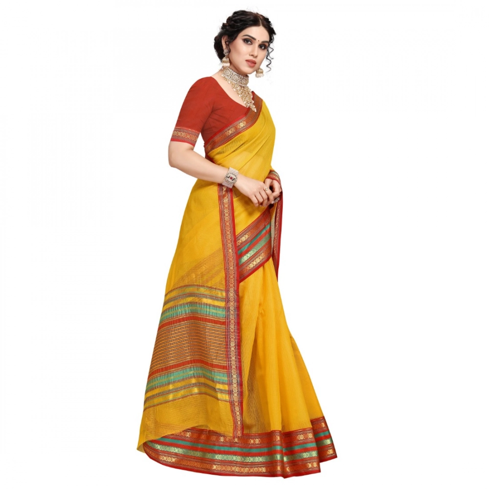 Women's Kota Doria Cotton Bordered Saree With Blouse (Yellow, 5-6 Mtrs) - Image 2