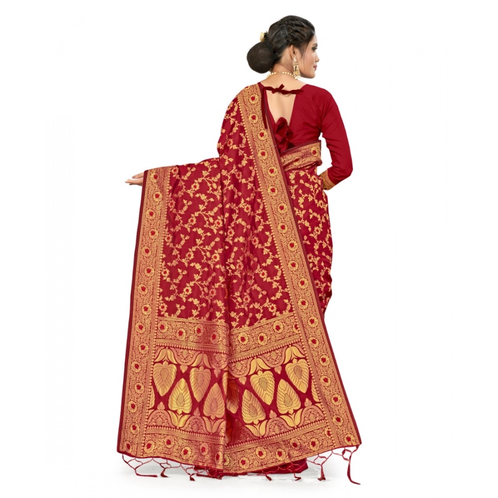 Women's Banarasi Silk Saree With Blouse (Maroon, 5-6Mtrs) - Image 3