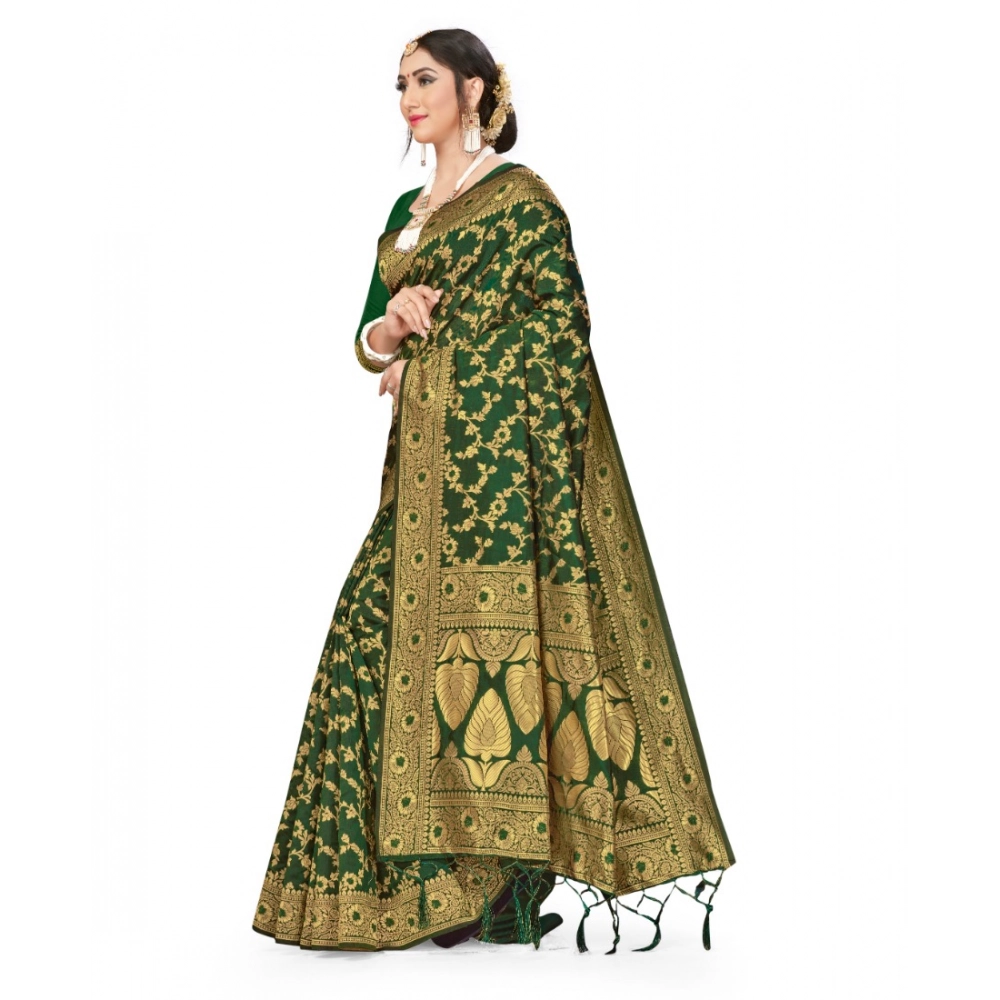 Women's Banarasi Silk Saree With Blouse (Green, 5-6Mtrs) - Image 2