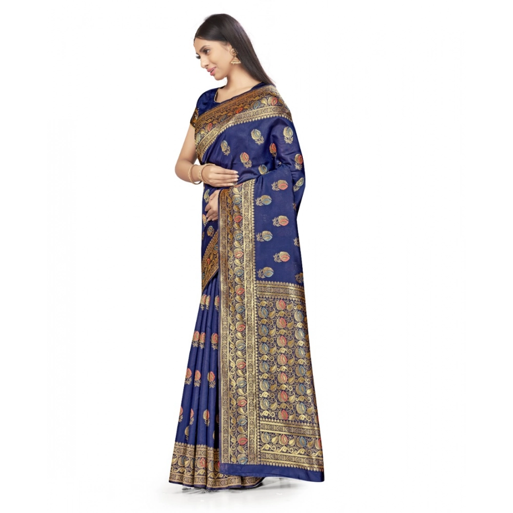 Women's Banarasi Silk Saree With Blouse (Navy Blue, 5-6Mtrs) - Image 2