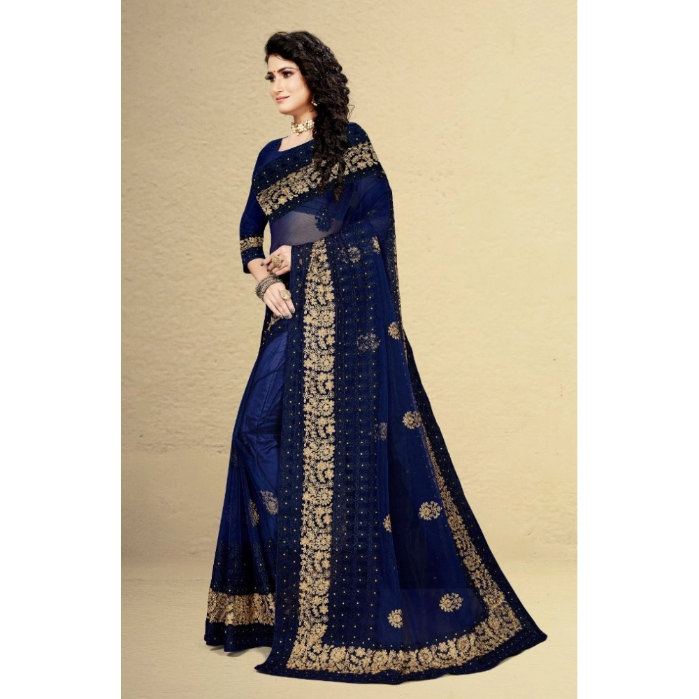 Women's Net Saree With Blouse (Navy Blue, 5-6Mtrs) - Image 3