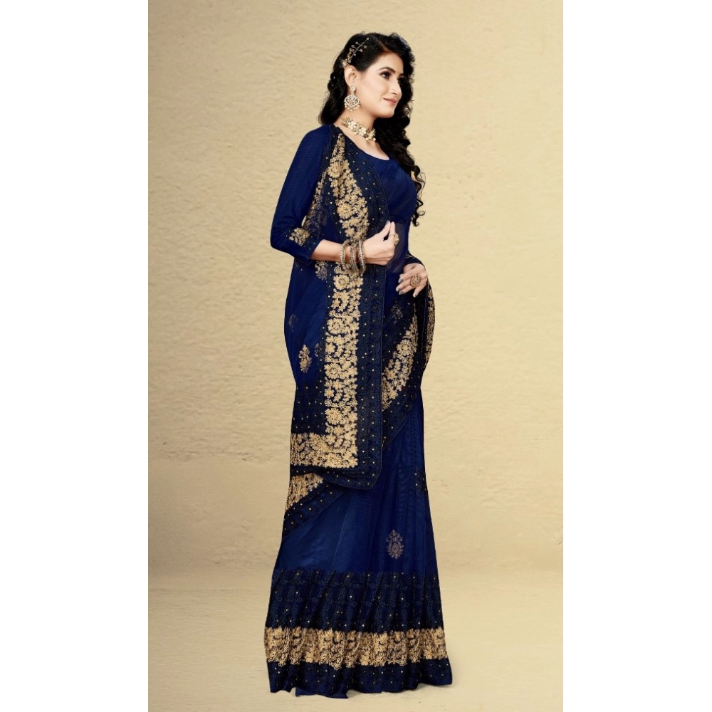 Women's Net Saree With Blouse (Navy Blue, 5-6Mtrs) - Image 4