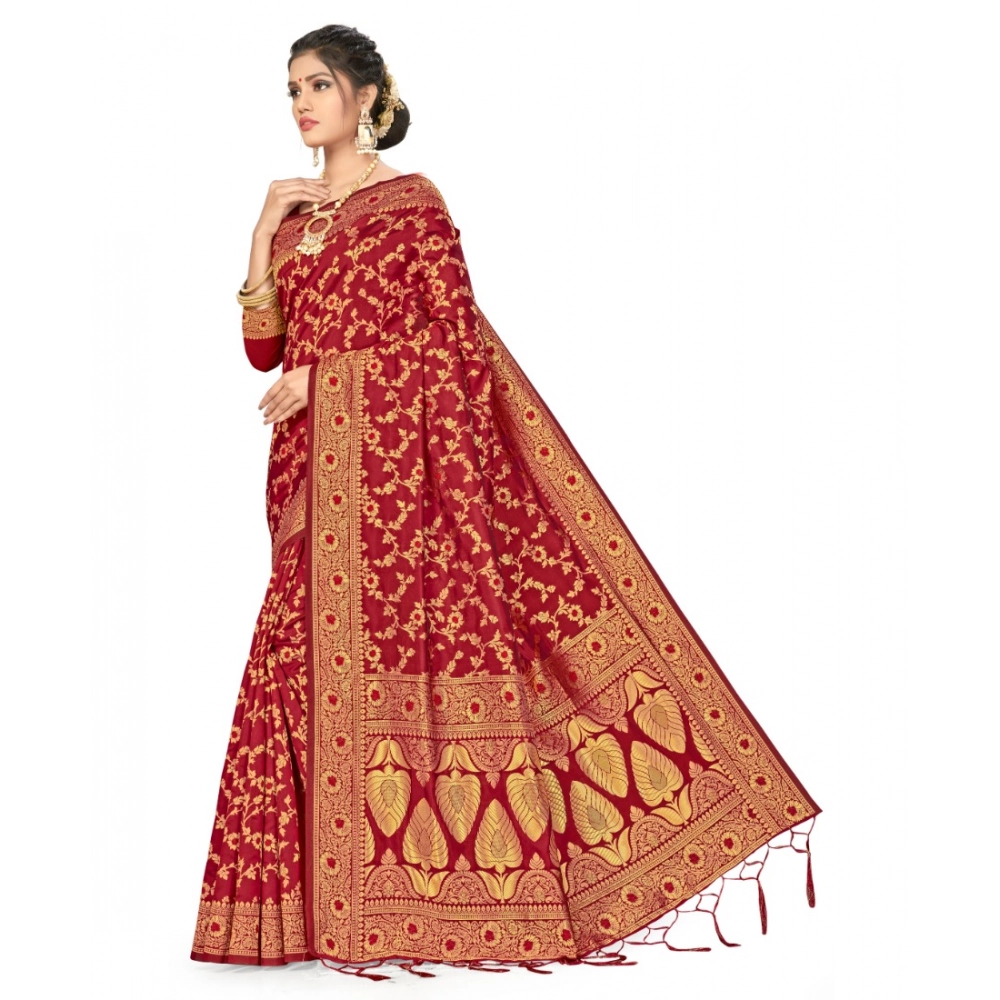 Women's Banarasi Silk Saree With Blouse (Maroon, 5-6Mtrs) - Image 2