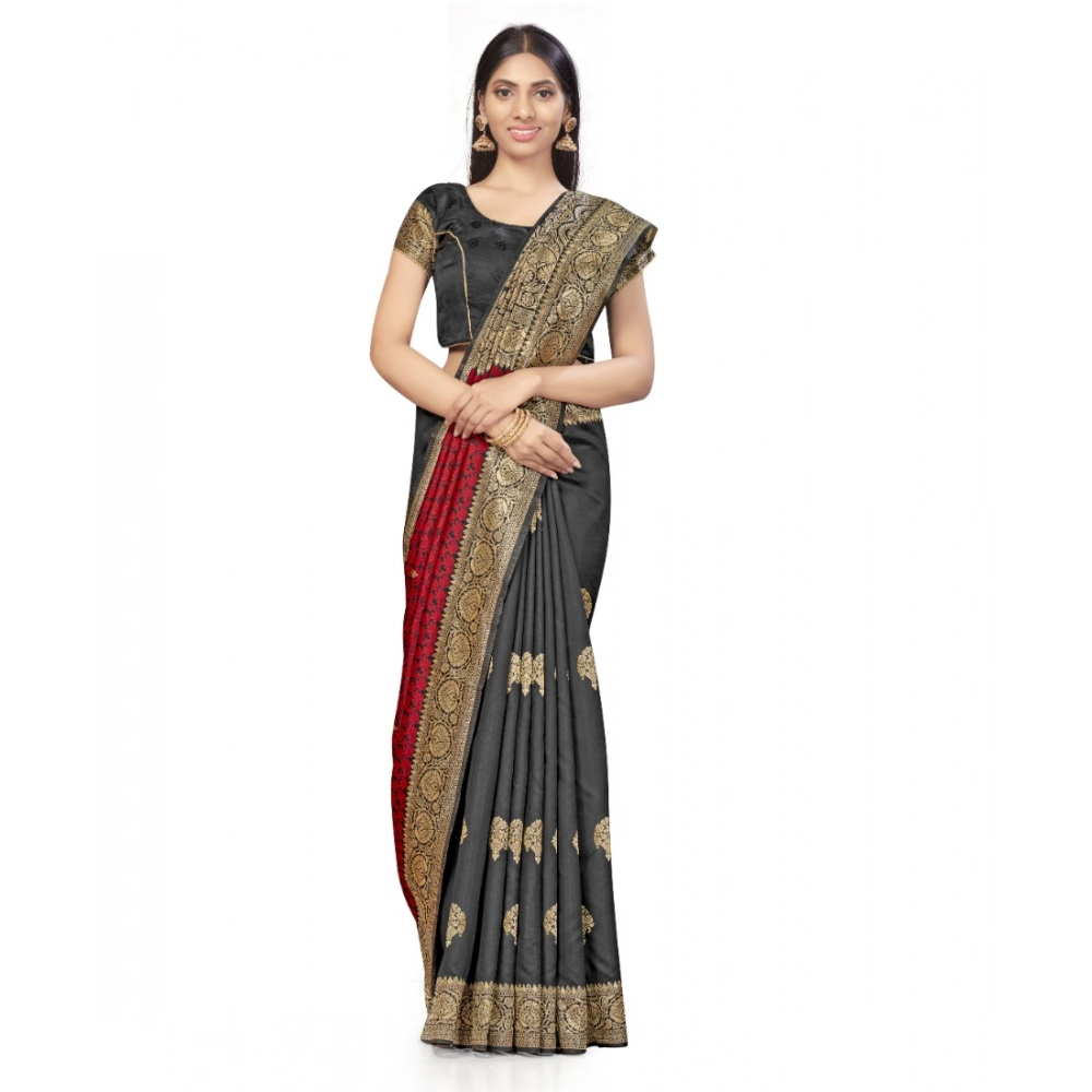 Women's Banarasi Silk Saree With Blouse (Black, Red, 5-6Mtrs) - Image 4