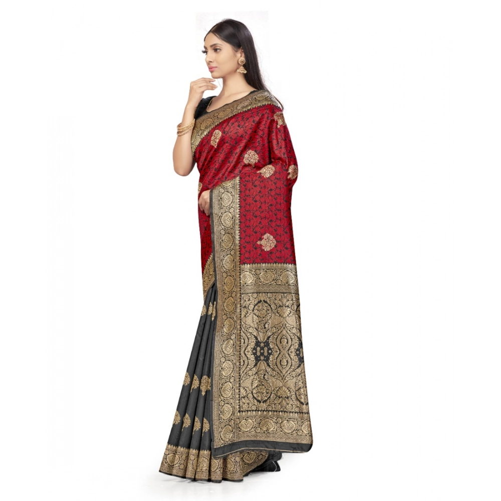 Women's Banarasi Silk Saree With Blouse (Black, Red, 5-6Mtrs) - Image 2